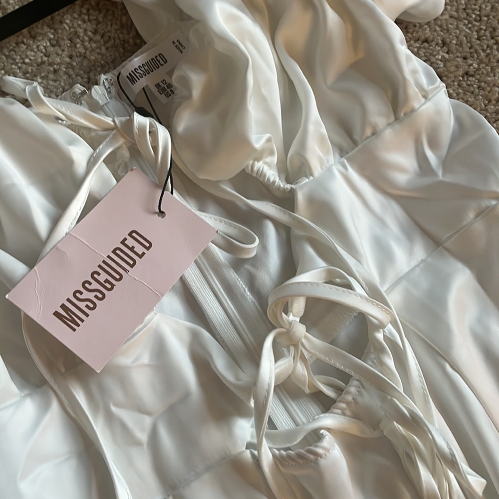 Missguided White Satin Tie Front Puff Sleeve Midi Dress Size 8 MWT - Picture 5 of 5